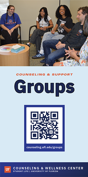 Image of CWC Groups flyer with students in groups session and QRcode to groups page counseling.ufl.edu/groups.